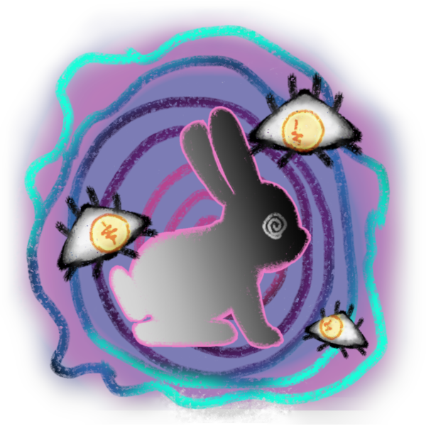 an illustration of a gray rabbit with a white spiral for an eye. The background features swirling purple, blue, and teal tones. Surrounding the rabbit are three floating eyes, each with a yellow-orange center and black lashes.